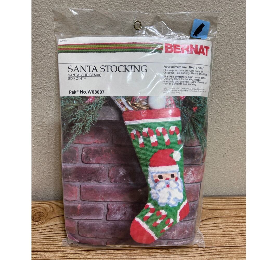 Vintage Bernat Santa Stocking Needlepoint Kit NOS 1977 Christmas USA 10.5 x 18.5